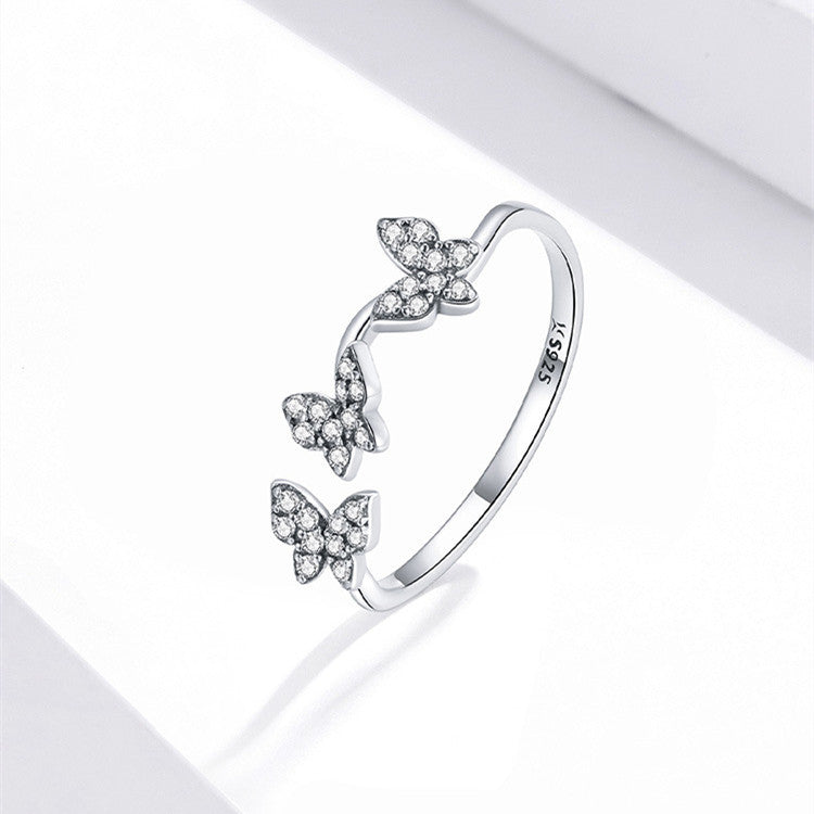 Sterling Silver Butterfly Ring Bow Design Adjustable Open Band Jewelry For Women Electroplated Finish In Modern