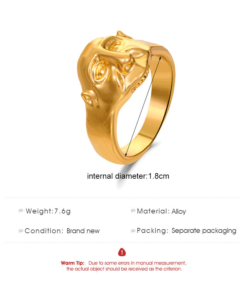 Womens Abstract Face Ring Retro Exaggerated Personality Creative Alloy Electroplated Fashion Statement Ring Gold White