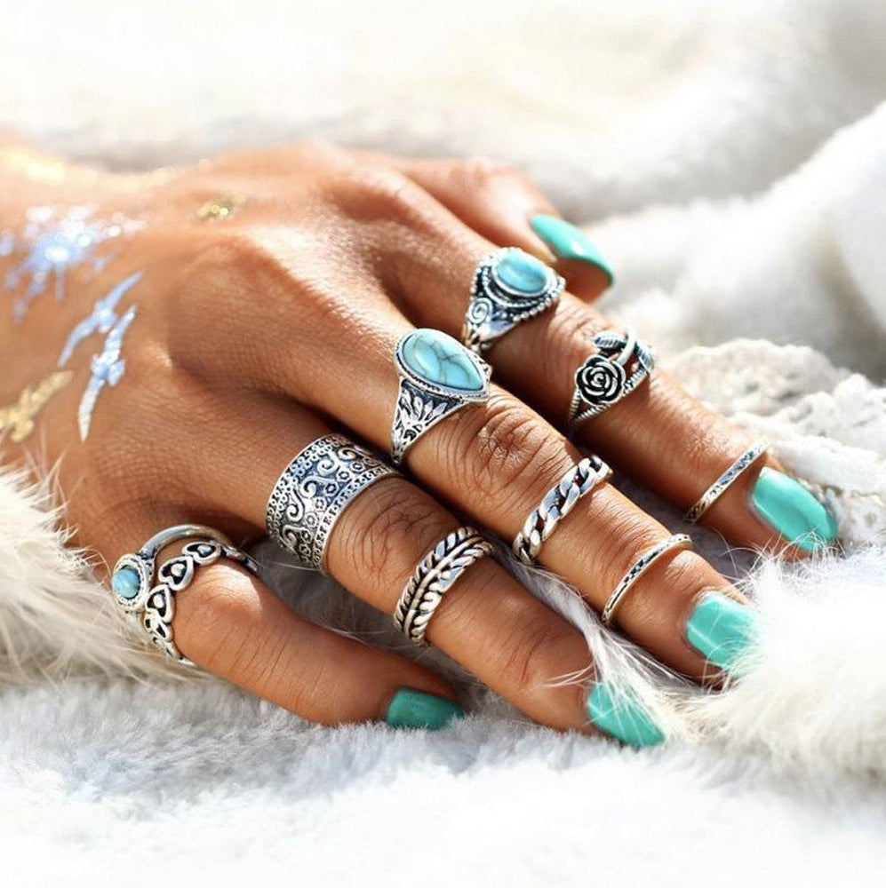 Turquoise 10 Piece Set Joint Combination Ring Inlaid Gem Antique Silver Female Couple Style Cloud Pattern Ring