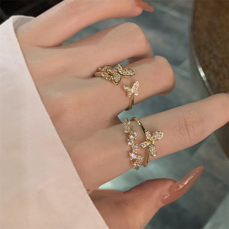 Korean Copper Double Layered Diamond Ring Non Inlaid Design With Open Butterfly Motif For Women Fade Resistant Jewelry