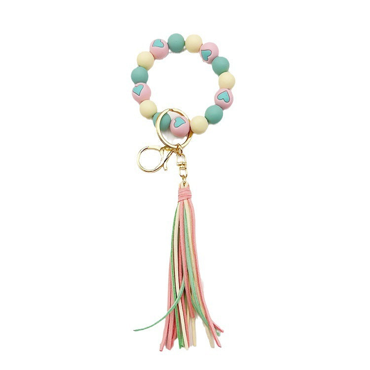 Women Silicone Beads Bracelet Keyring With Velvet Tassel Peach Heart Charm For Car Luggage Pink Green Fun Gift