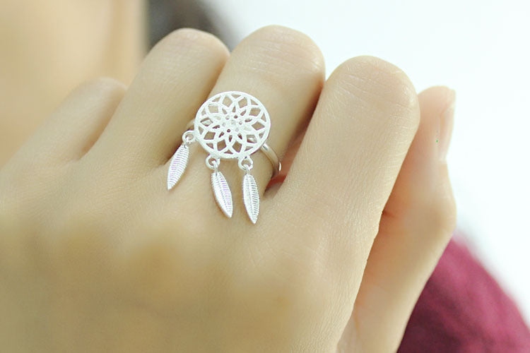 Womens Ring Adjustable Silver Plated Copper Ring With Geometric Dream Catcher Design Fashion Jewelry Gift Idea