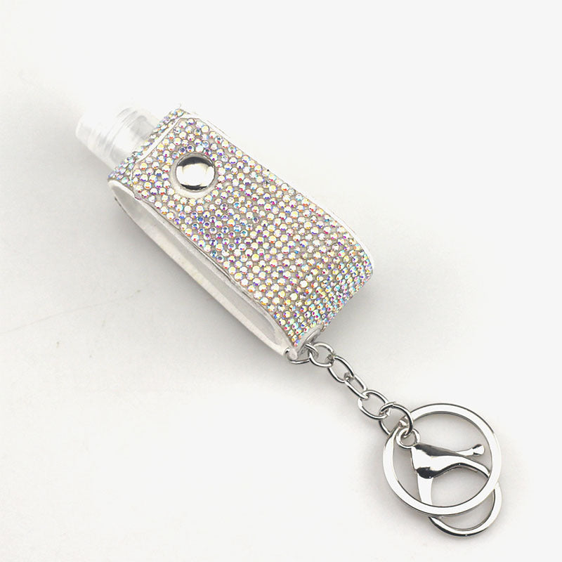 Faux Leather Keychain Diamond Pattern Key Ring with Hot Drilled Design in White AB Lake Blue for Keys Everyday