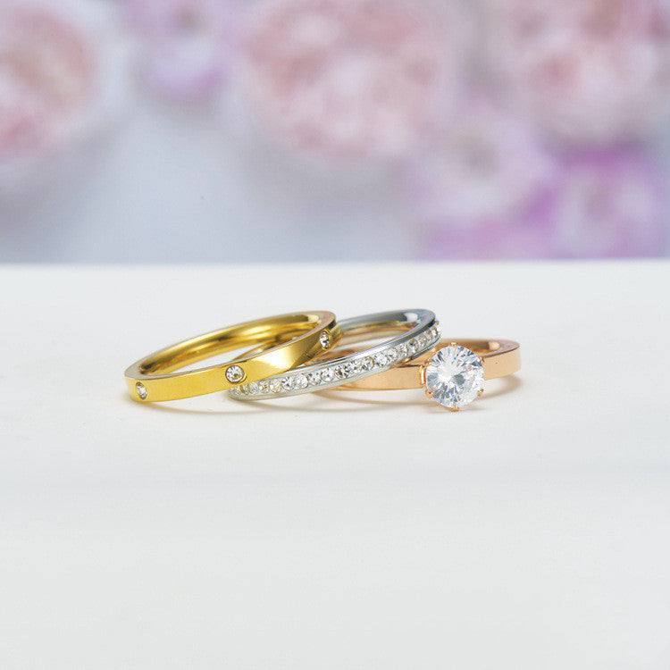 Womens Titanium Steel Three Piece Ring Set Six Claw Simulated Diamond Rose Gold Tone Durable Fashion Jewelry Gift