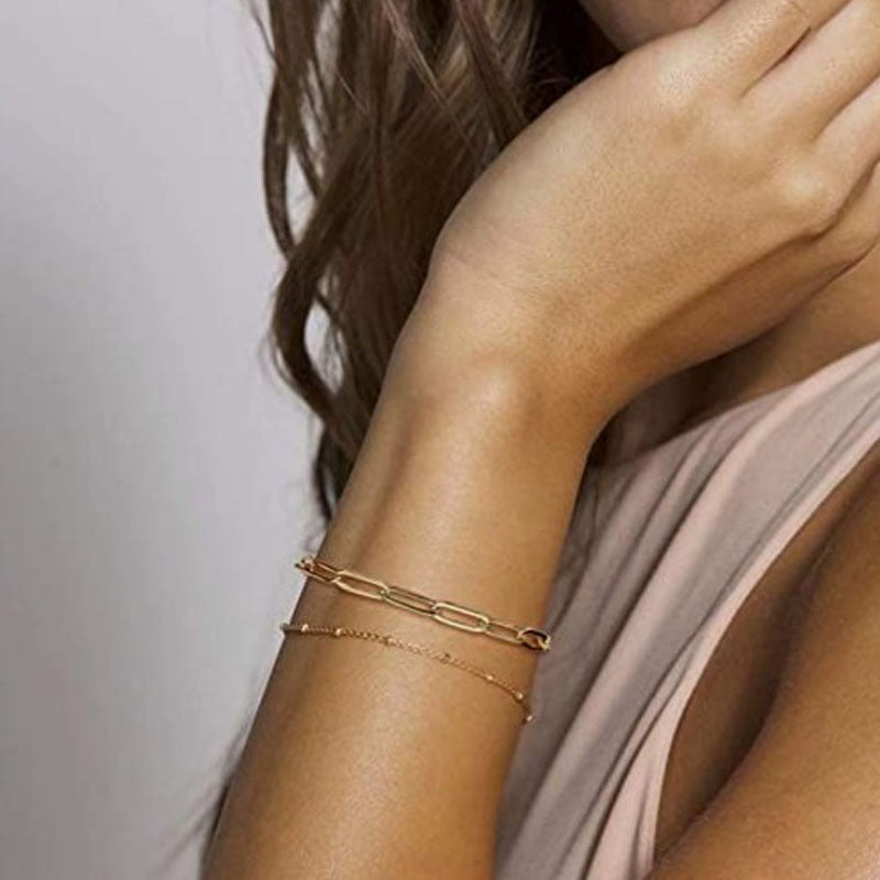 Unisex Double Layer Metal Bracelet With Geometric Design Round Beads Clip Fashion Jewelry Gold And Silver Tone