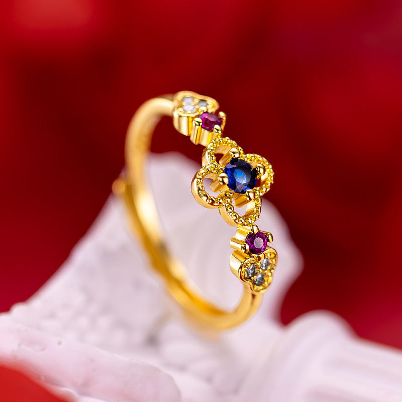 Gold Plated Clover Open Ring Adjustable Copper Electroplated Leaf Design Jewelry For Women Elegant Daily Wear Chic