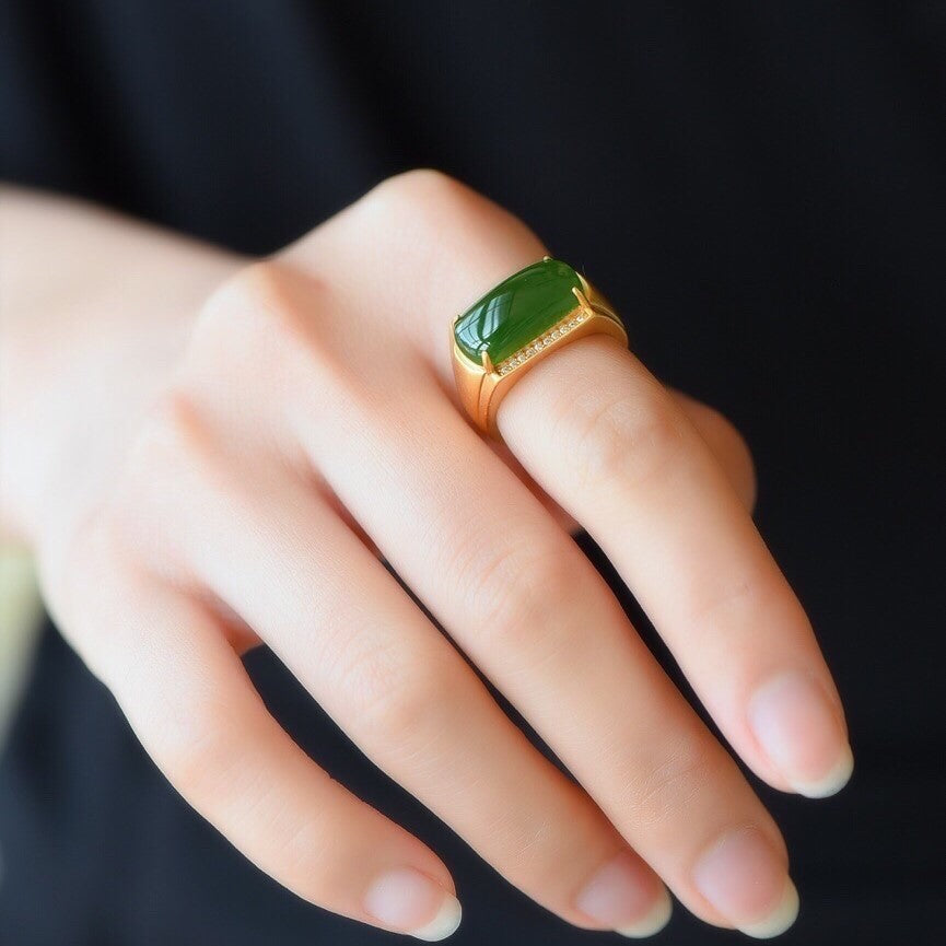 Vintage Copper Ring Gold Plated Jade Inlay Geometric Design For Women Adjustable Opening White Jade And Jasper Accents
