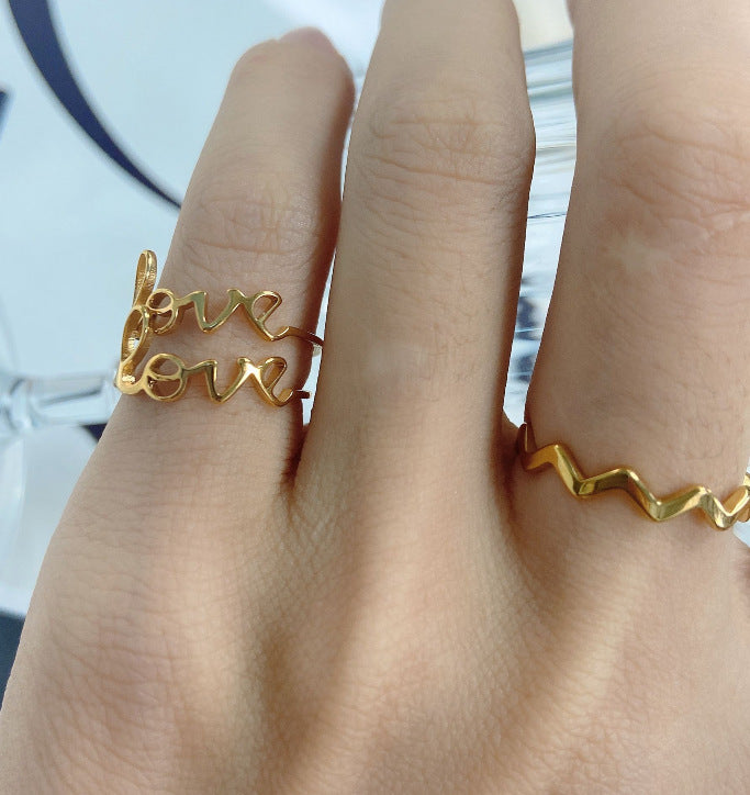 Womens Fashion Ring Simple Letter Design Titanium Steel Ring Gold Tone Love Ring Jewelry Style Daily Accessory