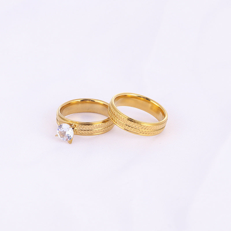 His And His Matching Rings Stainless Steel Couple Rings Diamond Argyle Pattern Gold Electroplated Matching Set