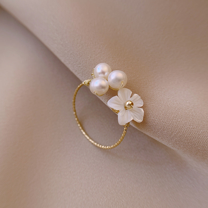 Womens Freshwater Pearl Flower Ring Gold Plated Copper Adjustable Band Elegant Jewelry Everyday Style Gift Now