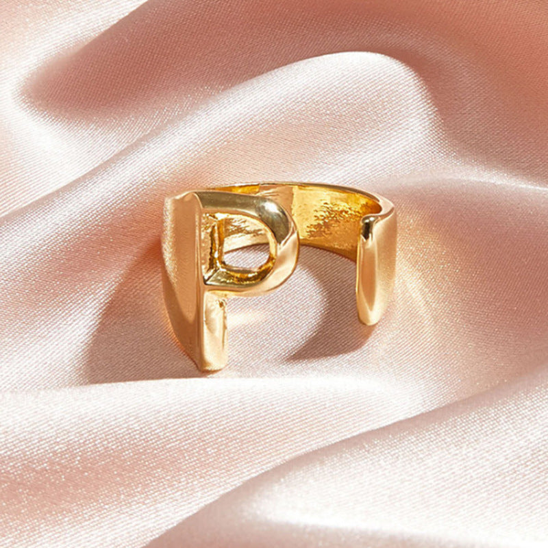 Gold Alloy Letter Ring For Women Initial Alphabet Ring Electroplated Simple Fashion Jewelry Gift For Daily Wear Style