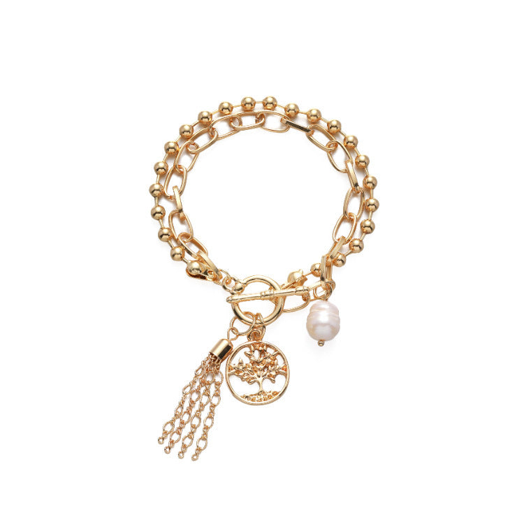 Womens Geometric Pearl Pendant Bracelet Ethnic Inlay Beads