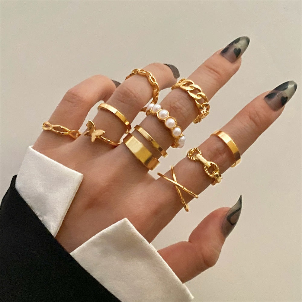 Women Butterfly Pearl Ring Set Trendy Alloy Fashion Rings For Girls Retro European American Korean Twist Rings