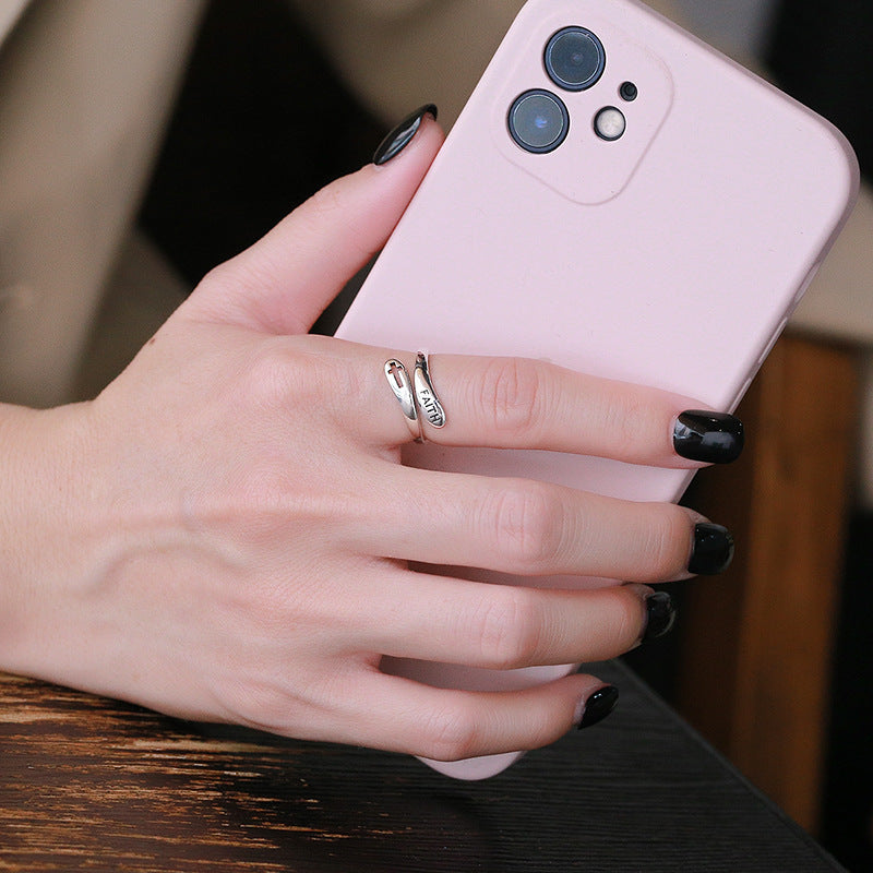 Womens Sterling Silver Ring Adjustable Opening Faith Cross Ring Retro Antique Geometric Letter Ring For Styles