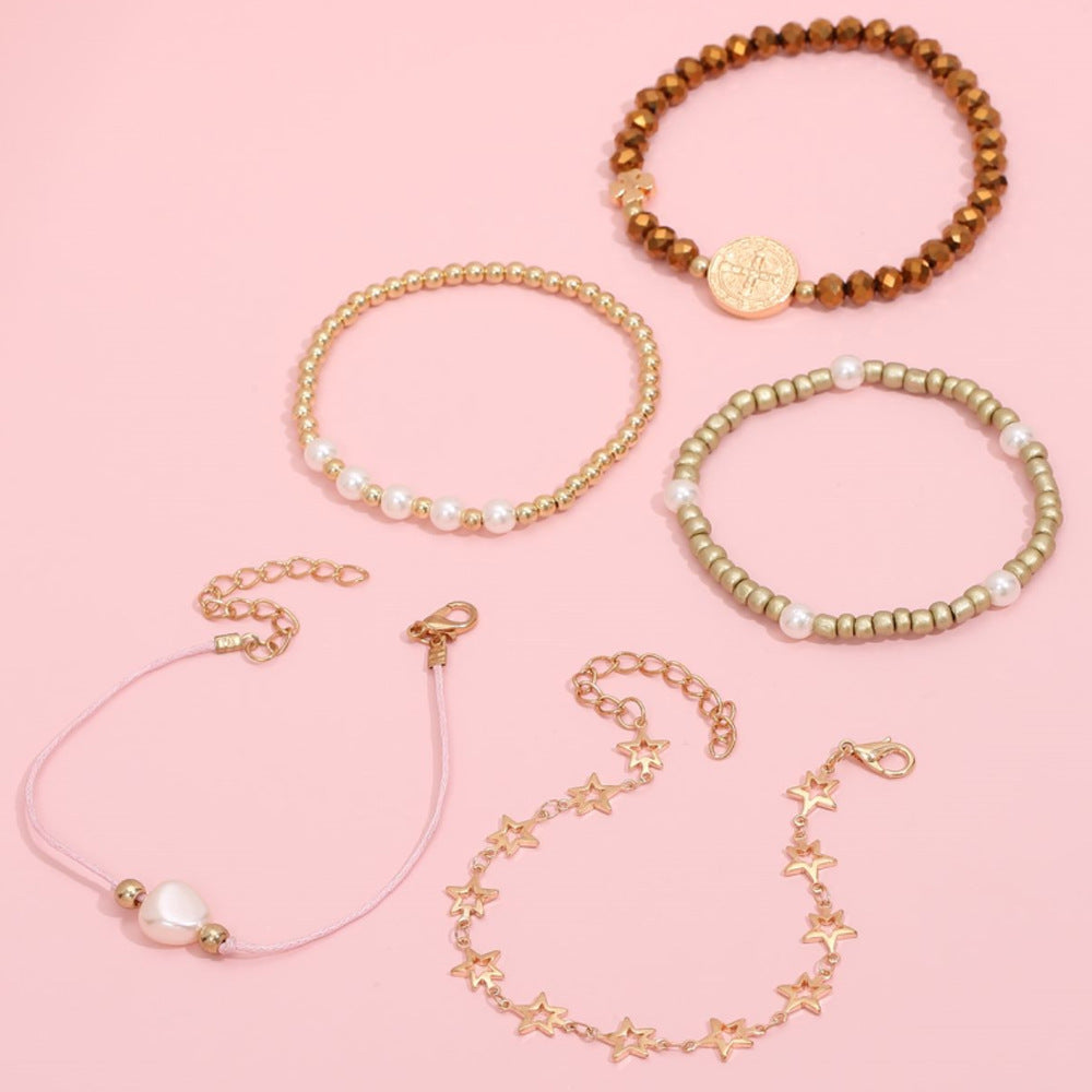Unisex Bracelet Set Five Pointed Star Beaded Four Leaf Clover Pearl Woven European Style Alloy Bracelets Five Piece