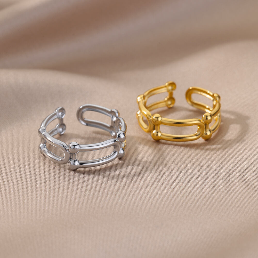 Womens Stainless Steel Ring Adjustable Geometric Open Ring Gold Inlaid Design Simple Band Fashion Everyday Wear Jewelry