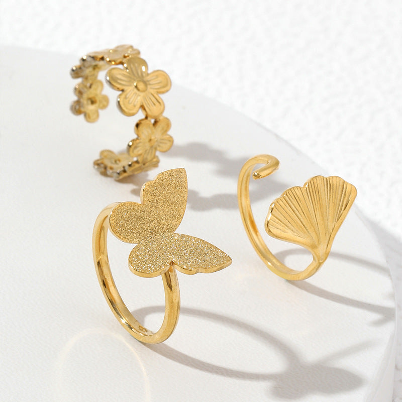 Womens Adjustable Open End Ring Stainless Steel Flower Butterfly Ginkgo Jewelry Fashion Flexible Electroplated