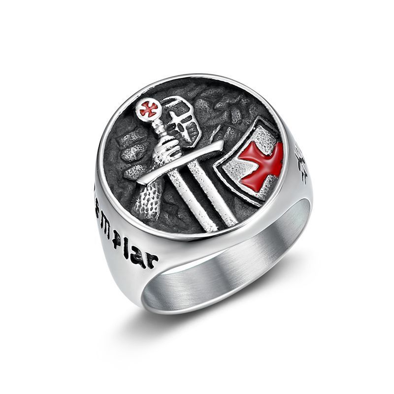 Titanium Steel Templar Templar Samurai Inscription Red Epoxy Cross Men's Ring