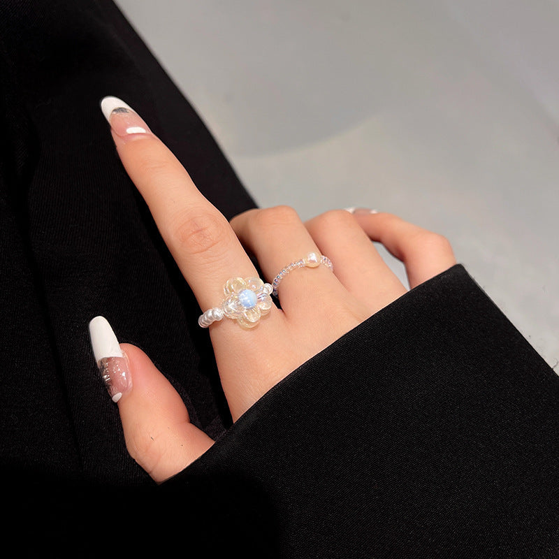 Womens Pearl Rings Set Of 2 Adjustable Elegant Acrylic Rings Elastic Rope Two Piece Ring Fairy Rings For Women