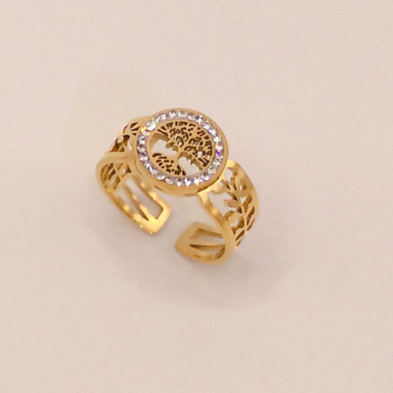 Gold Titanium Steel Lucky Tree Diamond Studded Hollow Ring Adjustable Opening Leaves Design Elegant Timeless Jewelry