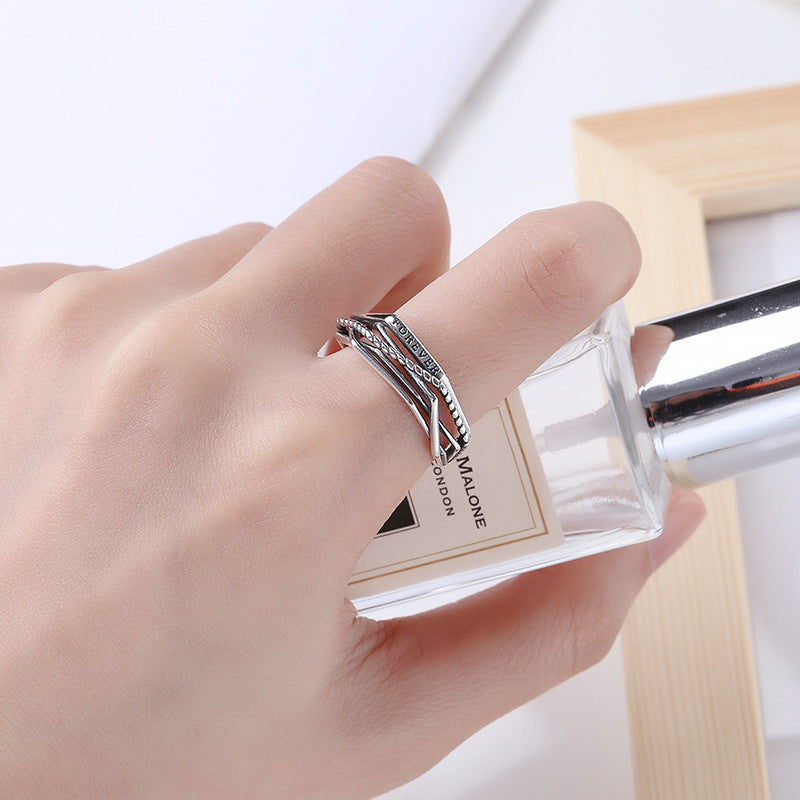 Sterling Silver Ring Irregular Line Cross Design Adjustable Opening Unisex Band Minimalist Jewelry Individually