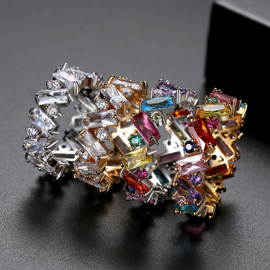 Rainbow Zircon Geometric Ring for Women Copper Base with Colorful Stones and 18K Plating Shiny Finish Ring Size 6 7 8 9