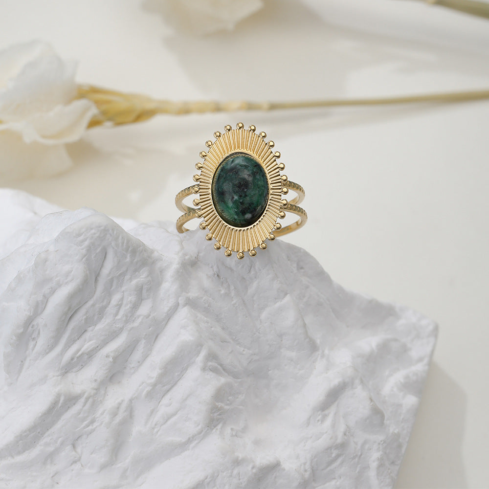 Unisex Stainless Steel Ring with Black Stone and Green Stone Adjustable Opening Geometric Retro Ring for Men and Women Titanium Steel Band