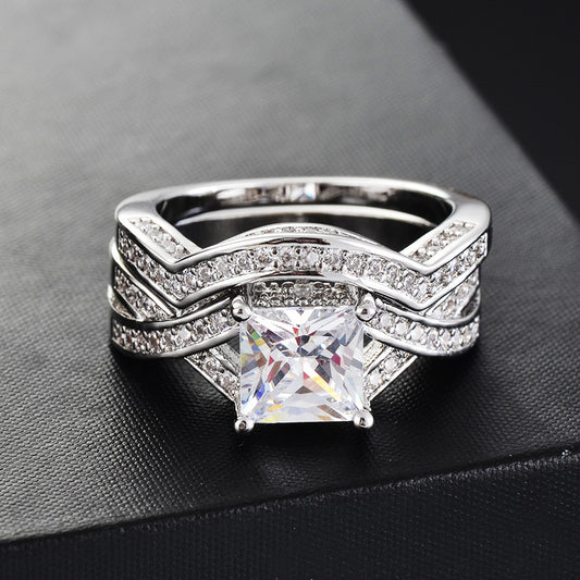 Geometric Zircon Ring Set Two Piece Copper Jewelry For Women Sparkling Elegant Accent Rings Lux Sparkle Finish