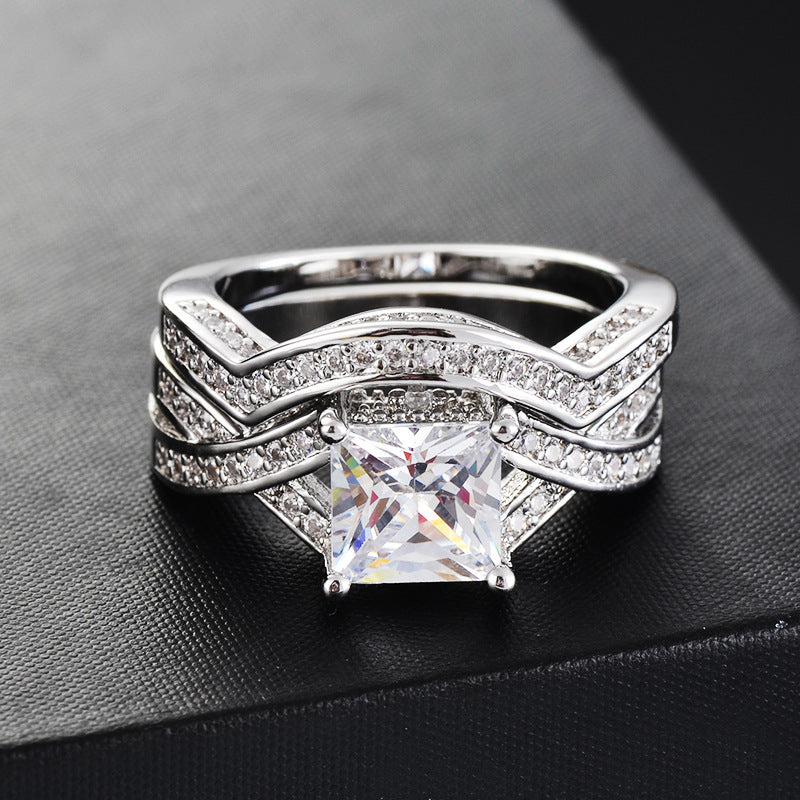 Geometric Zircon Ring Set Two Piece Copper Jewelry For Women Sparkling Elegant Accent Rings Lux Sparkle Finish