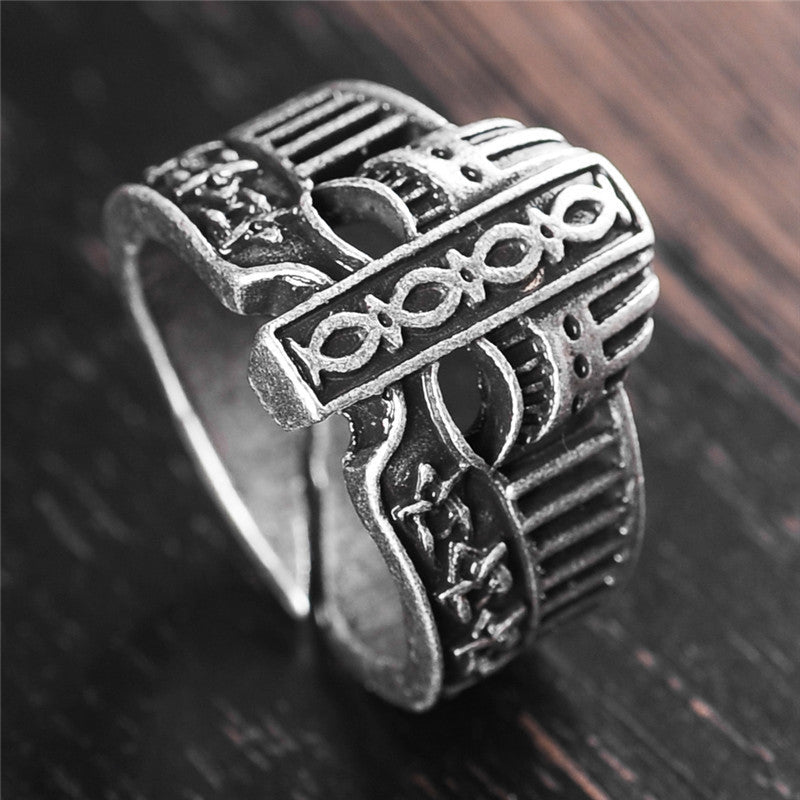 Unisex Metal Ring With Adjustable Opening Geometric Ornament Vintage Hip Hop Fashion Jewelry Silver Electroplated Band