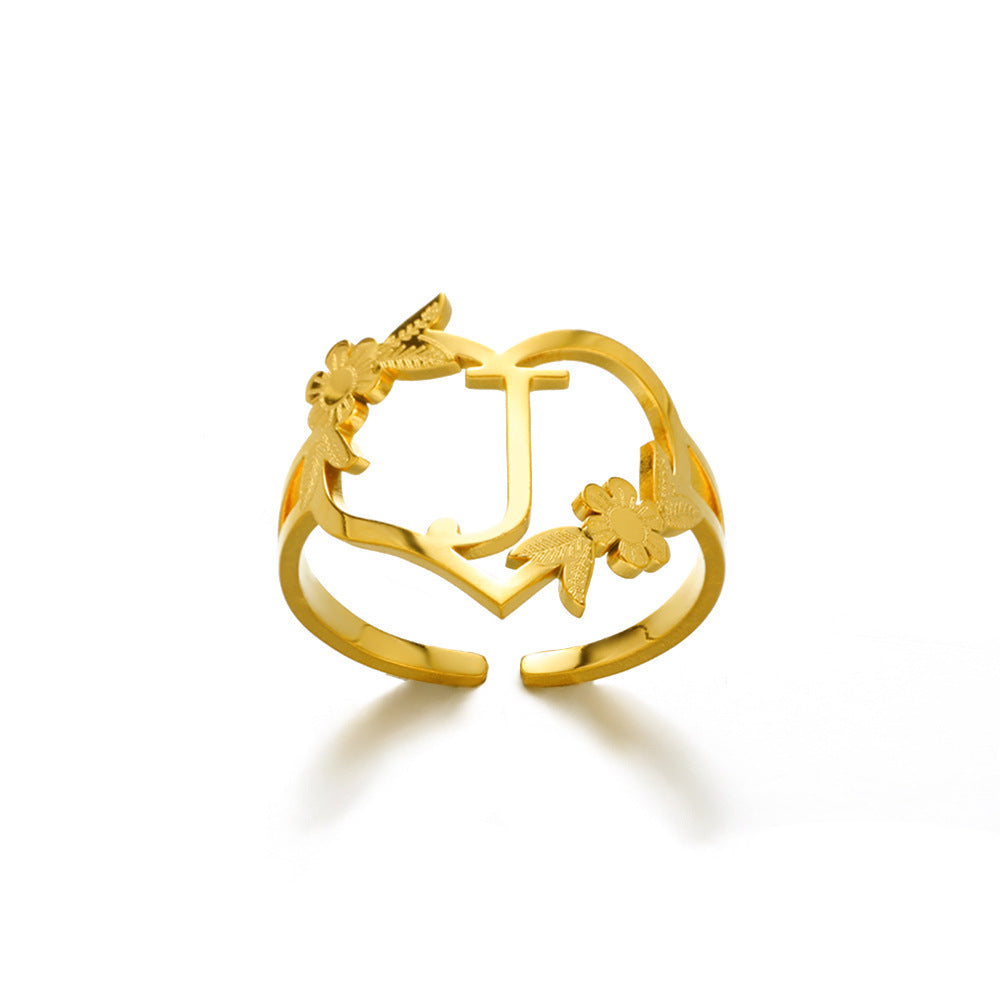 Heart Shaped Initial Rings Women Adjustable Stainless Steel Letters Ring Unisex European Design Letters Numbers