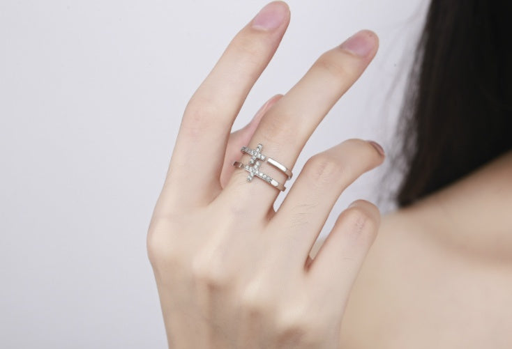 Copper Ring With Double Zircon Diamond Accent Adjustable Opening Korean Geometric Gold Plated Ring Ethereal Shine