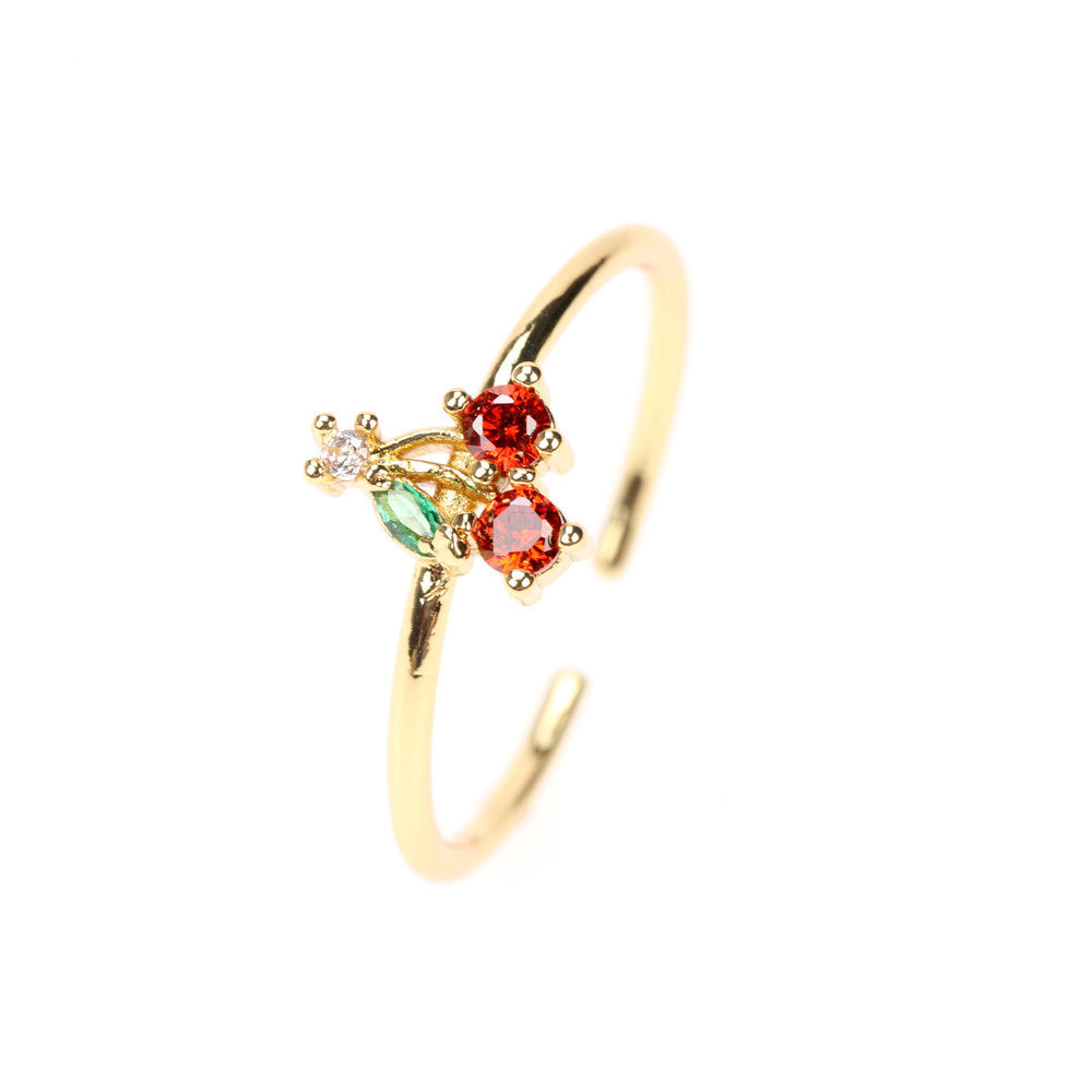 Fruit Zircon Copper Ring for Women Cute Design with Apple Watermelon Cherry Strawberry Grape Pineapple Peach Pine