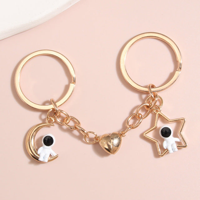 Metal Astronaut Keychain Set Star Magnet Keychains Space Themed Key Rings Celestial Jewelry Accessories Themed