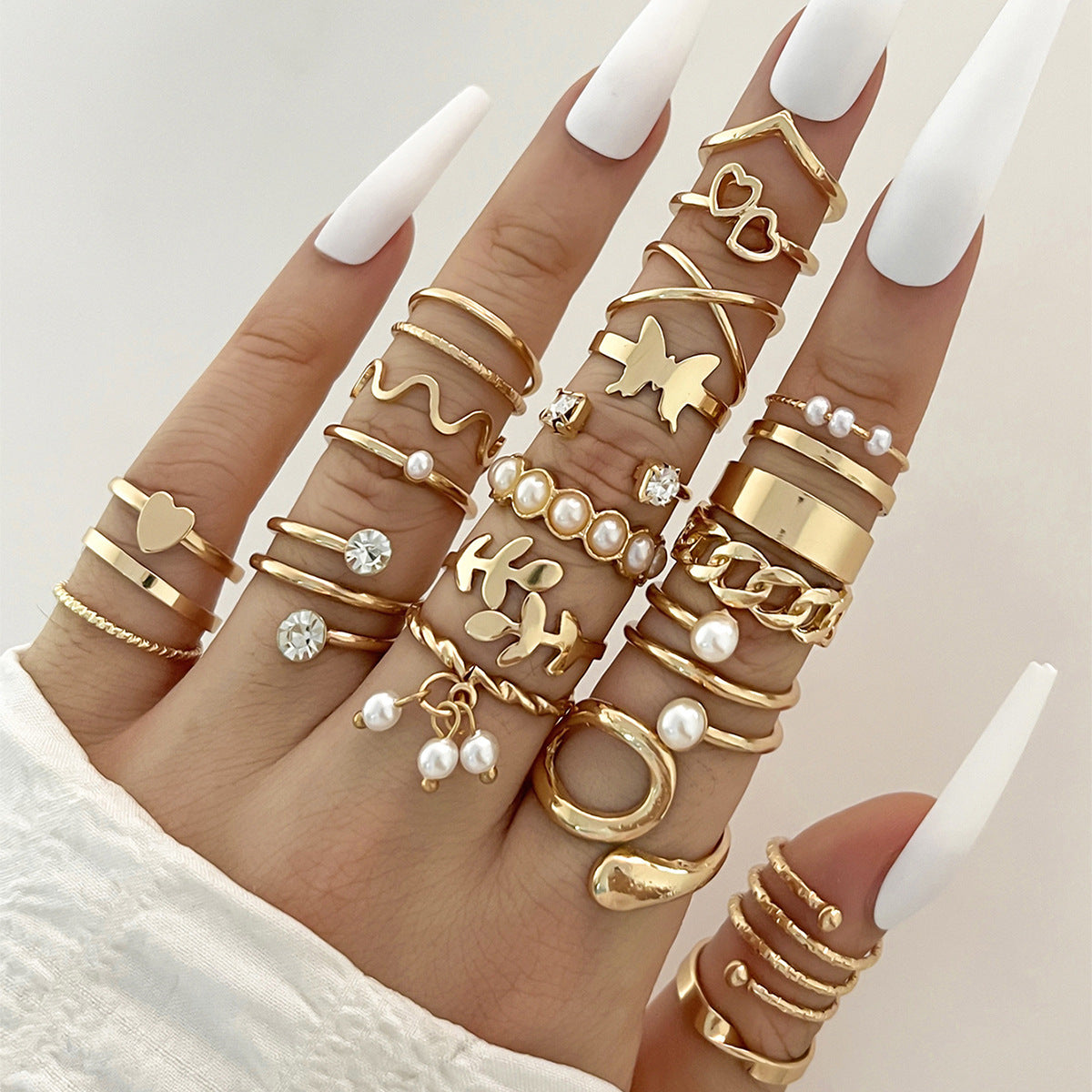 Womens Knuckle Rings Set 23 Pcs Trendy Ins Style Drop Shape Rings Cross Pearl Sun Moon Eye Gold Silver Alloy Female