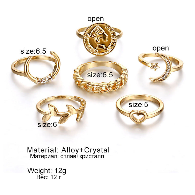 Womens Knuckle Ring Set 6 Pcs Alloy Rings With Artificial Gemstone Inlay Crescent Leaves Geometric Design Spark
