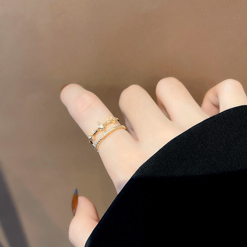 Copper Ring With Star Design And Zircon Inlay Double Layer Geometric Ring Korean Fashion Jewelry Gifts For Her