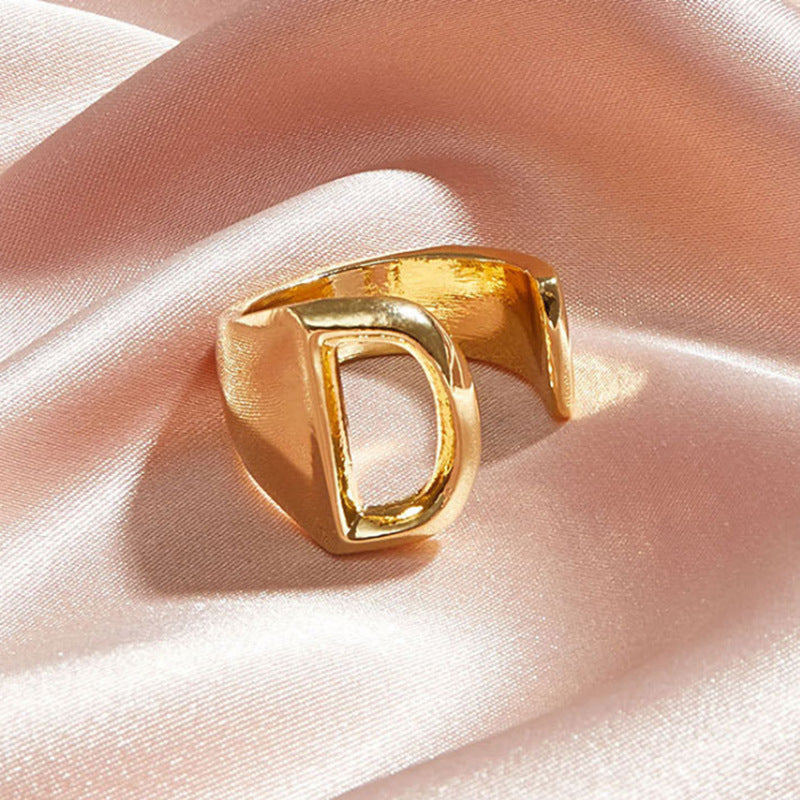 Gold Alloy Letter Ring For Women Initial Alphabet Ring Electroplated Simple Fashion Jewelry Gift For Daily Wear Style