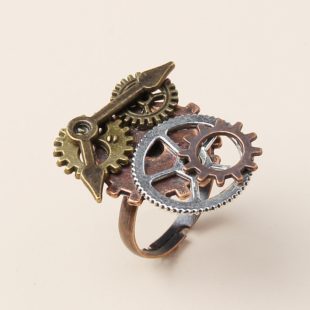 Womens Alloy Gear Ring With Retro Geometric Needle Design Electroplated Bronze Tone Inlaid Gem Vintage Elegant