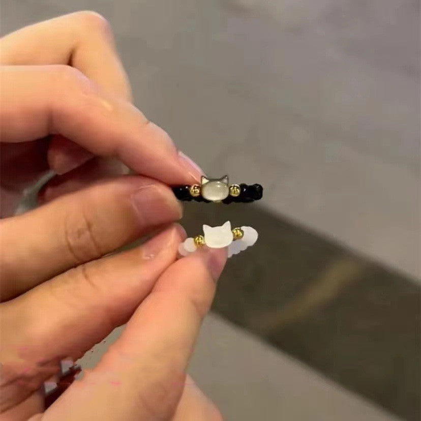 Handmade Shell Cat Rings Cute Cartoon Lucky Cat Rings Plain Circle National Style Gift for Couples Cat Perfect