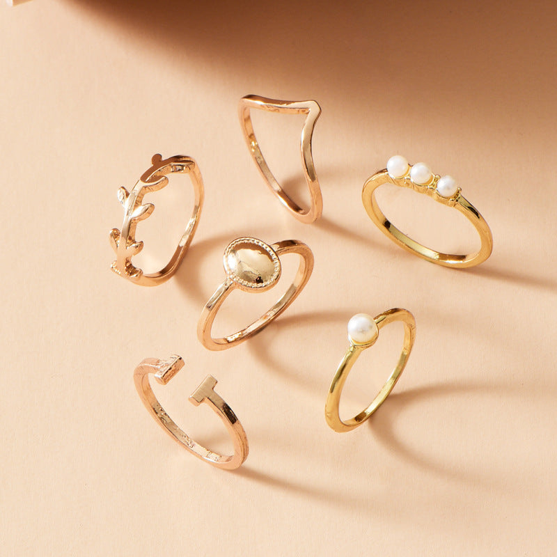 Gold Plated Pearl Leaf Ring Set Of 6 Fashion Rings With Electroplated Leaves Design For Women And Girls Jewelry