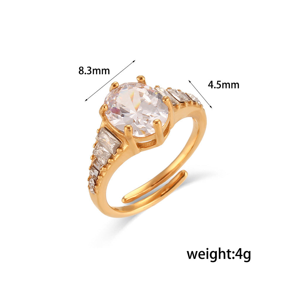Women Stainless Steel Ring Adjustable Opening Oval Zircon Gemstone Simple Luxury Dark Champagne White Diamonds
