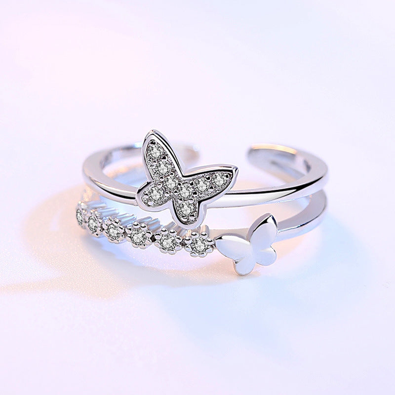 Heart Shaped Butterfly Zircon Ring With White Diamond Accents Tail Ring Design Electroplated Metal Alloy Style