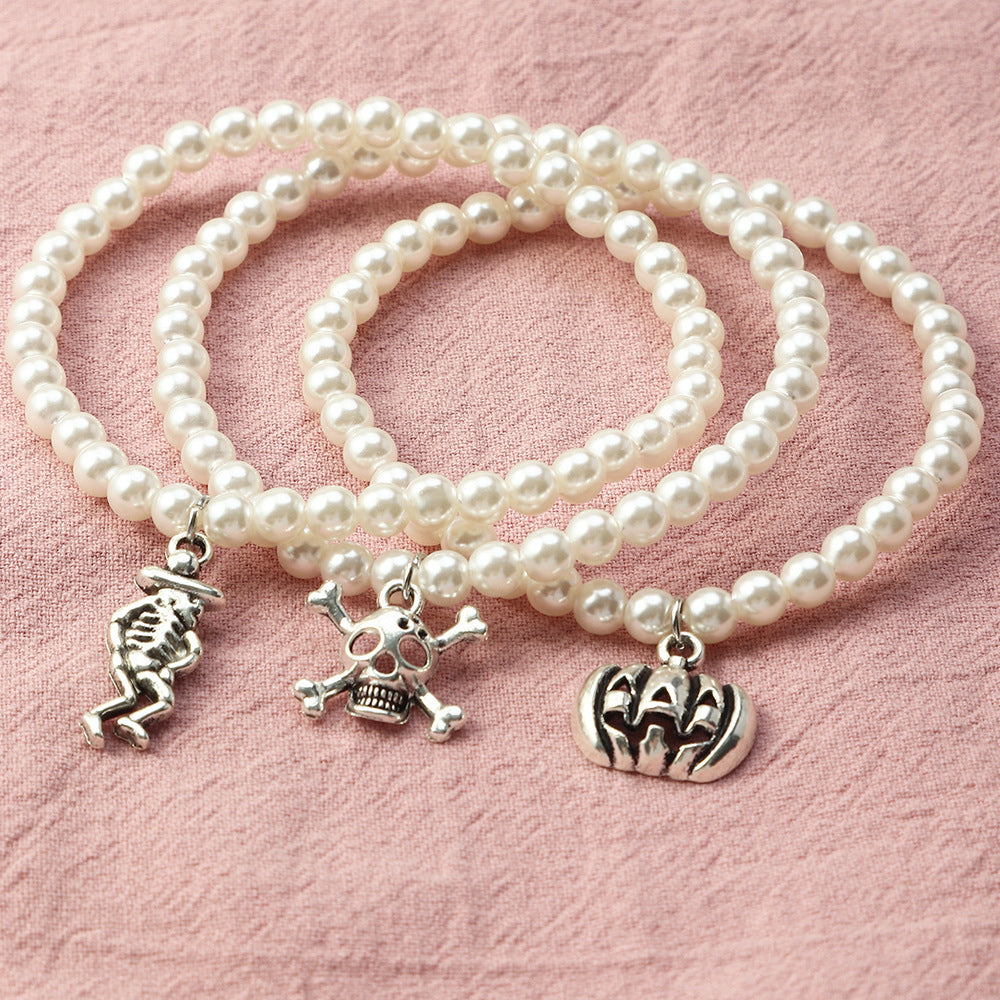 Womens Skull Bracelet Set Halloween Imitation Pearl Alloy Bracelet Fashion Design Women3PieceSet EuropeStyle