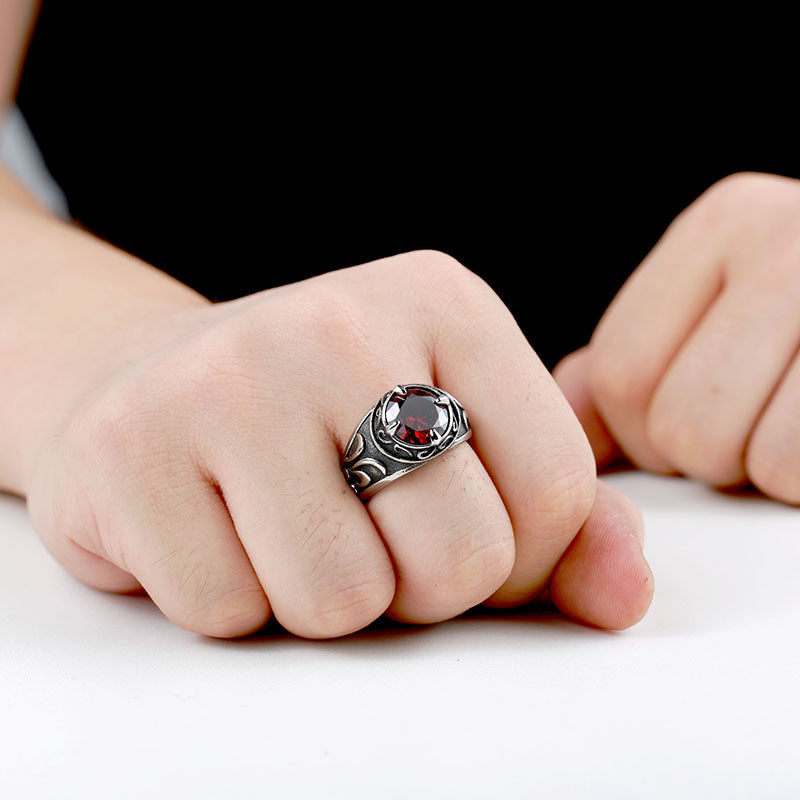 Mens Vintage Stainless Steel Ring With Sapphires Inlay Carved Bands Classic Everydays Wearable Fashion Jewelry