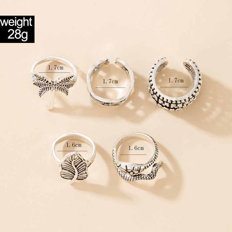 Gold Plated Adjustable Ring Set Retro Opening Design Featuring Fish Snake Coconut Tree And Leaf Shapes Jewelry