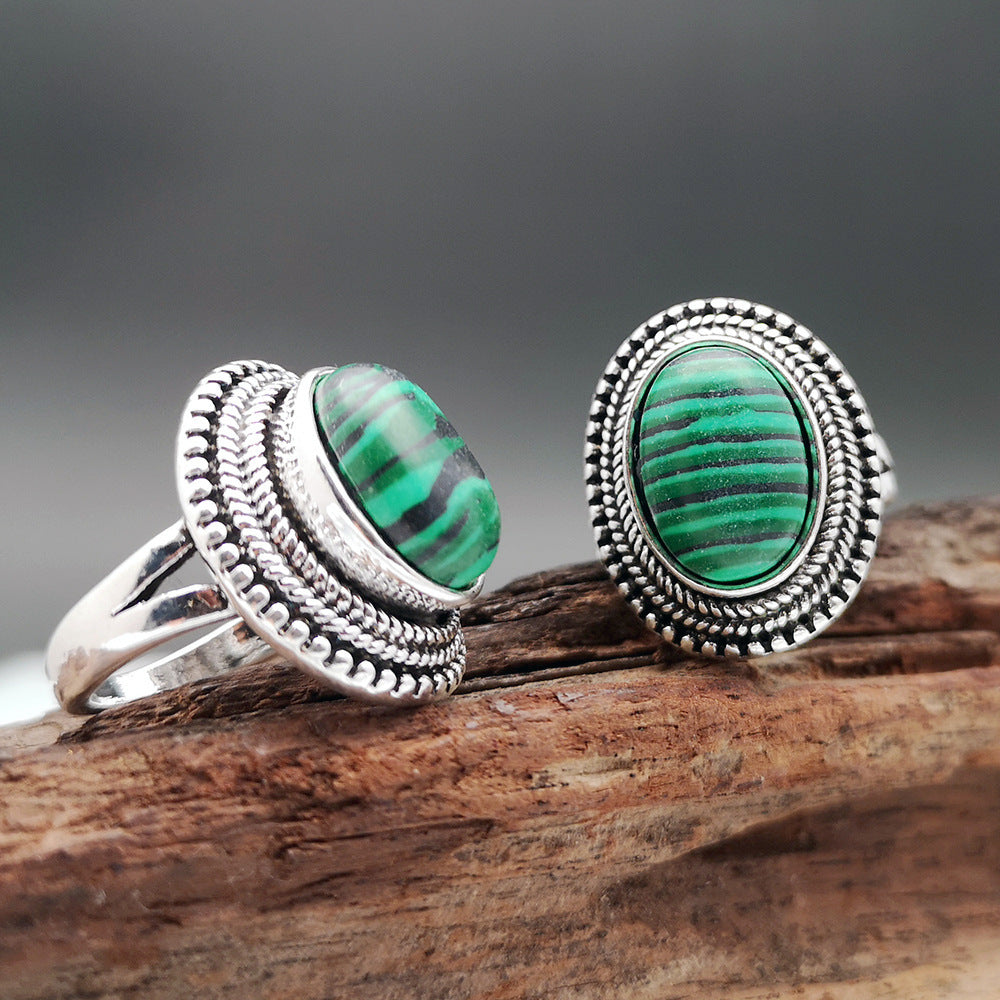 Green Malachite Inlaid Metal Ring Unisex Fashion Jewelry