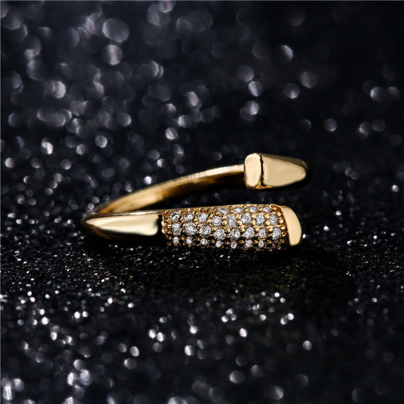 Womens Gold Electroplated Copper Ring With Micro Set Zircon Elegant Adjustable Opening European American Style Jewelry