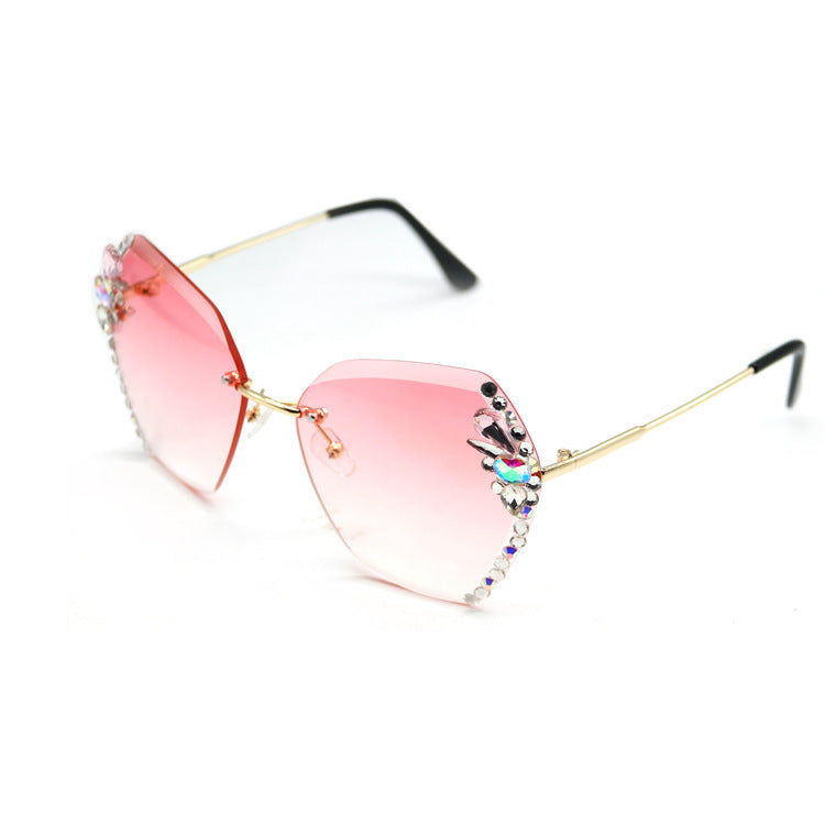 Womens Rhinestone Sunglasses Frameless Metal Frame PCLens Fashion Eyewear Exquisite Design Lightweight Glasses