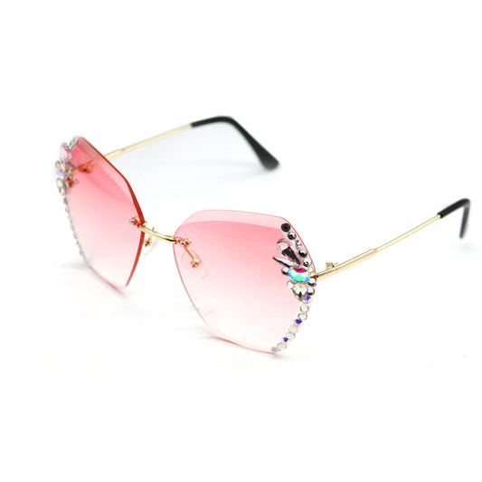 Womens Rhinestone Sunglasses Frameless Metal Frame PCLens Fashion Eyewear Exquisite Design Lightweight Glasses